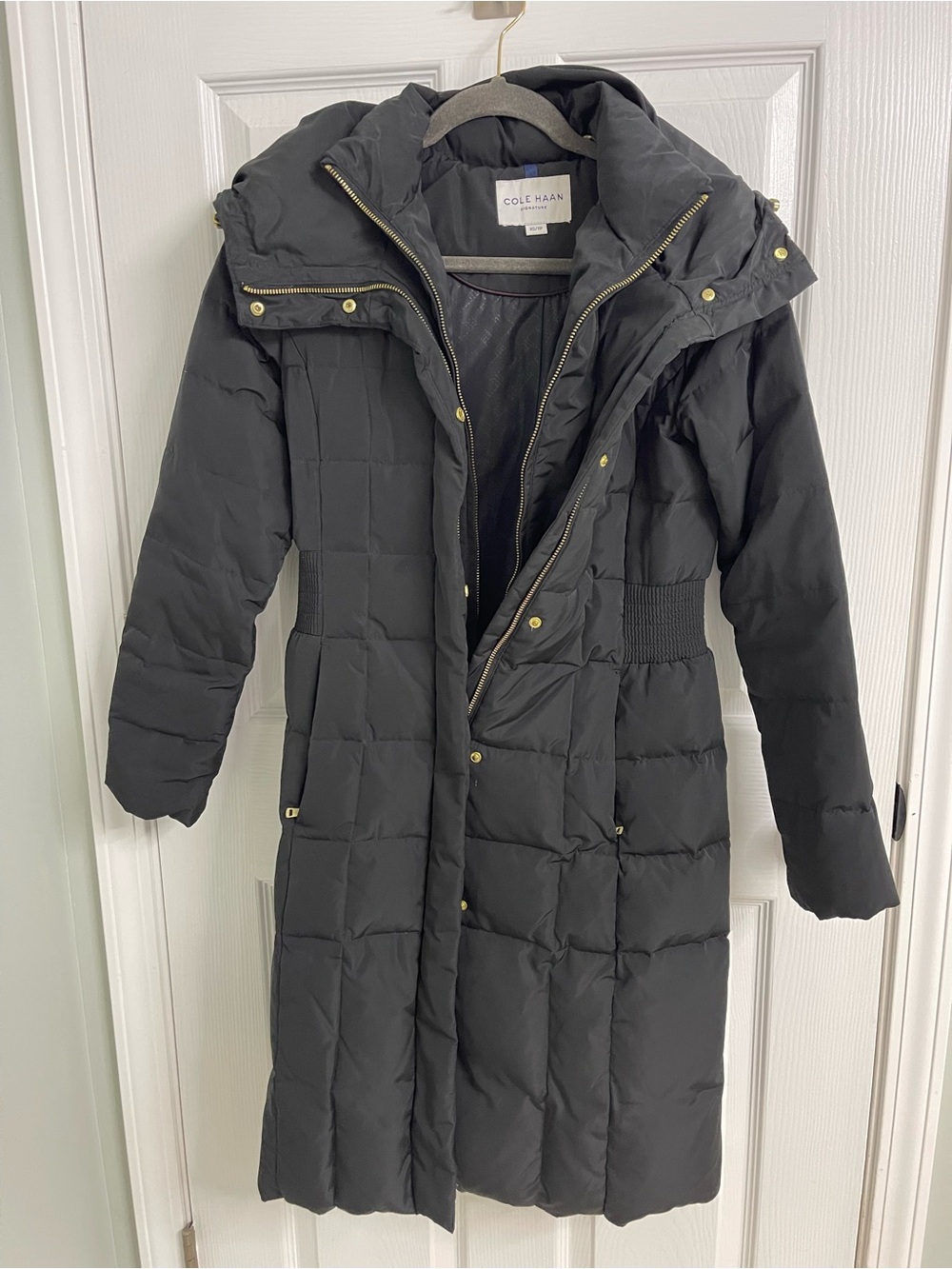 Cole Haan Black Long Quilted Puffer Coat with Hood and Gold Hardware